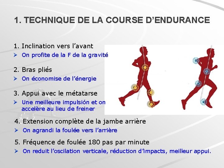 1. TECHNIQUE DE LA COURSE D’ENDURANCE 1. Inclination vers l’avant Ø On profite de