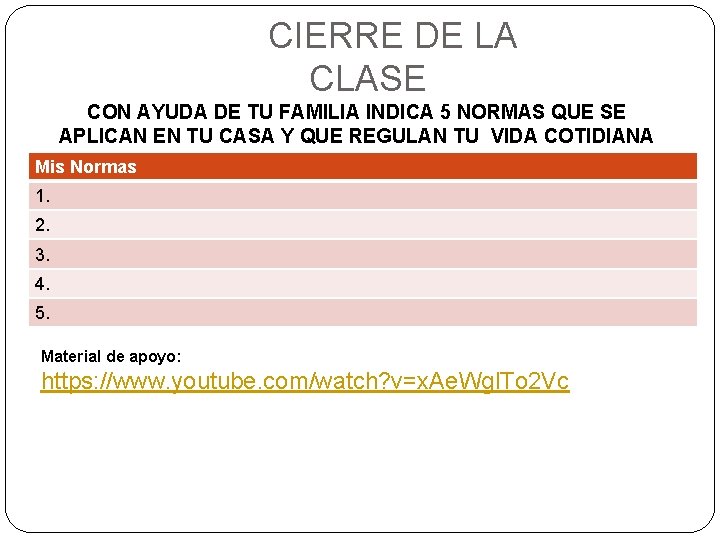 CIERRE DE LA CLASE CON AYUDA DE TU FAMILIA INDICA 5 NORMAS QUE SE