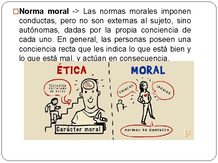 �Norma moral -> Las normas morales imponen conductas, pero no son externas al sujeto,