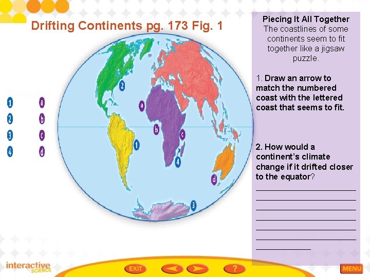 Drifting Continents pg. 173 Fig. 1 Piecing It All Together The coastlines of some