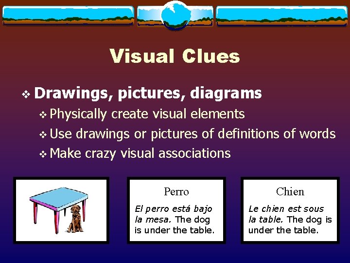 Visual Clues v Drawings, pictures, diagrams v Physically create visual elements v Use drawings