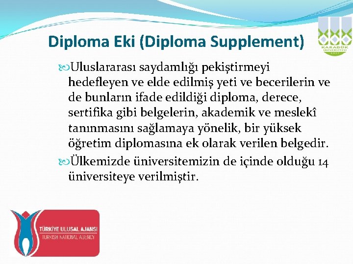 Diploma Eki (Diploma Supplement) Uluslararası saydamlığı pekiştirmeyi hedefleyen ve elde edilmiş yeti ve becerilerin