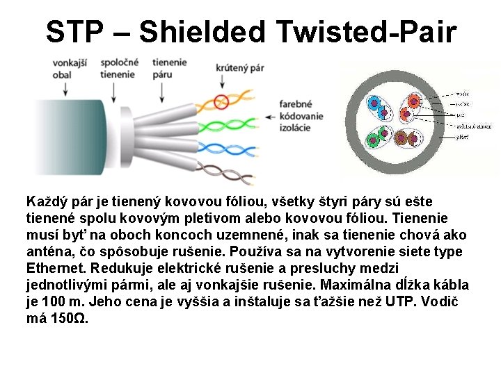 STP – Shielded Twisted-Pair Každý pár je tienený kovovou fóliou, všetky štyri páry sú
