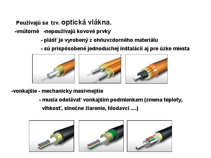 Používajú sa tzv. optická vlákna. -vnútorné -nepoužívajú kovové prvky - plášť je vyrobený z