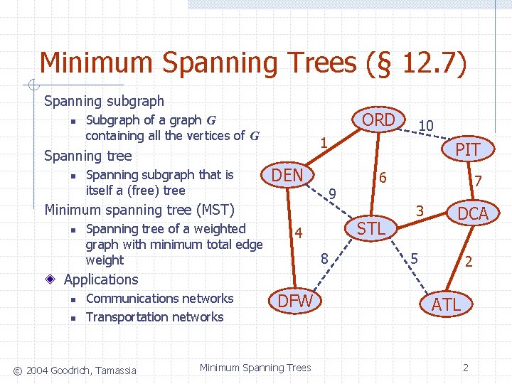 Minimum Spanning Trees (§ 12. 7) Spanning subgraph n ORD Subgraph of a graph