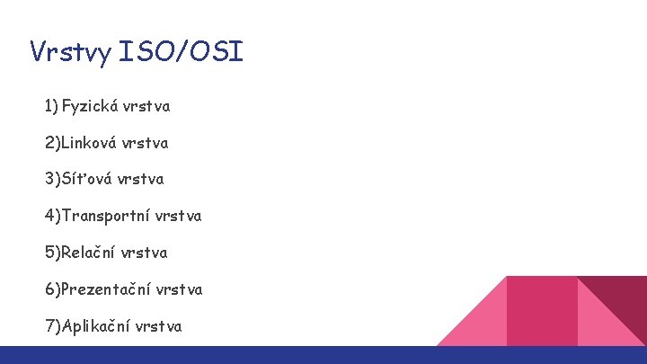 Vrstvy ISO/OSI 1) Fyzická vrstva 2)Linková vrstva 3)Síťová vrstva 4)Transportní vrstva 5)Relační vrstva 6)Prezentační