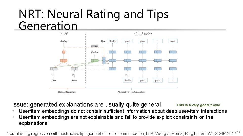NRT: Neural Rating and Tips Generation Issue: generated explanations are usually quite general This