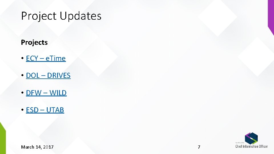 Project Updates Projects • ECY – e. Time • DOL – DRIVES • DFW