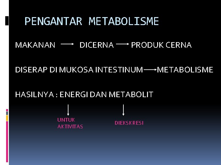 PENGANTAR METABOLISME MAKANAN DICERNA PRODUK CERNA DISERAP DI MUKOSA INTESTINUM HASILNYA : ENERGI DAN