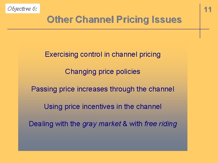 Objective 6: 11 Other Channel Pricing Issues Exercising control in channel pricing Changing price