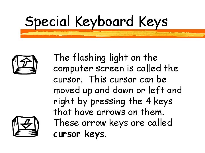 Special Keyboard Keys The flashing light on the computer screen is called the cursor.