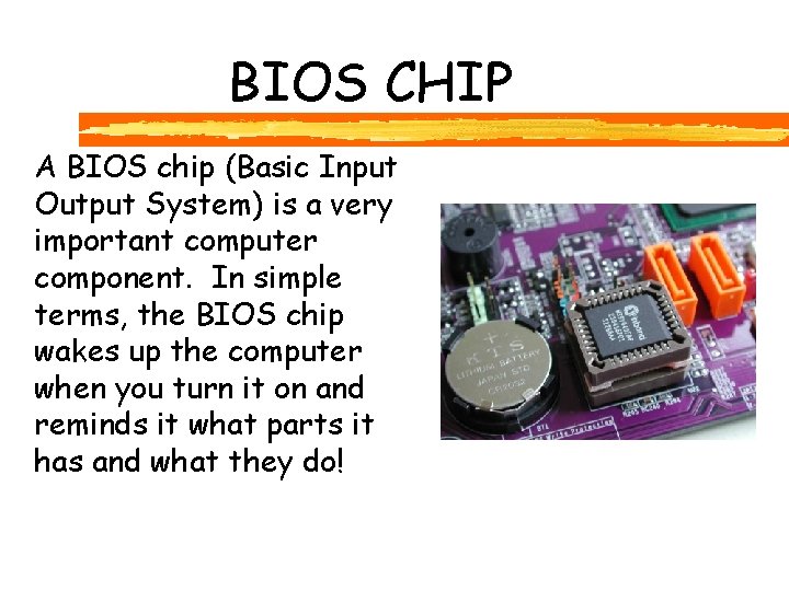 BIOS CHIP A BIOS chip (Basic Input Output System) is a very important computer