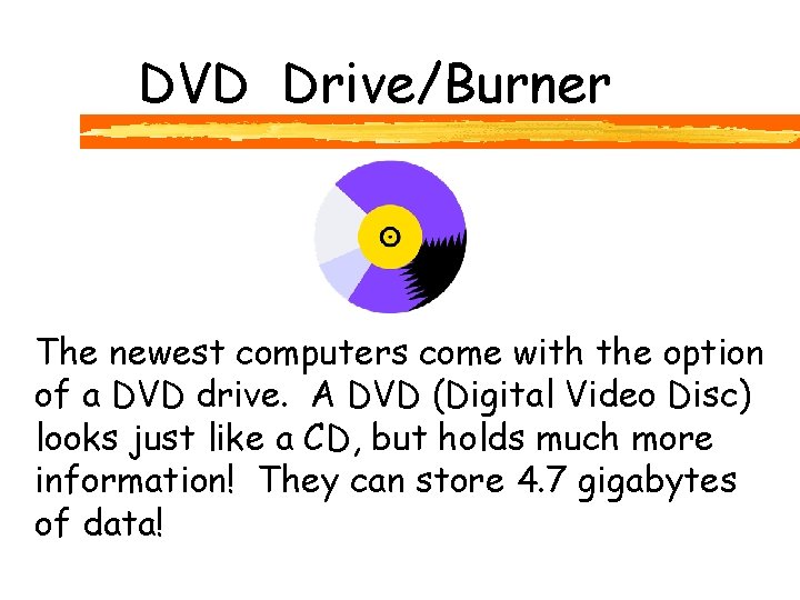 DVD Drive/Burner The newest computers come with the option of a DVD drive. A