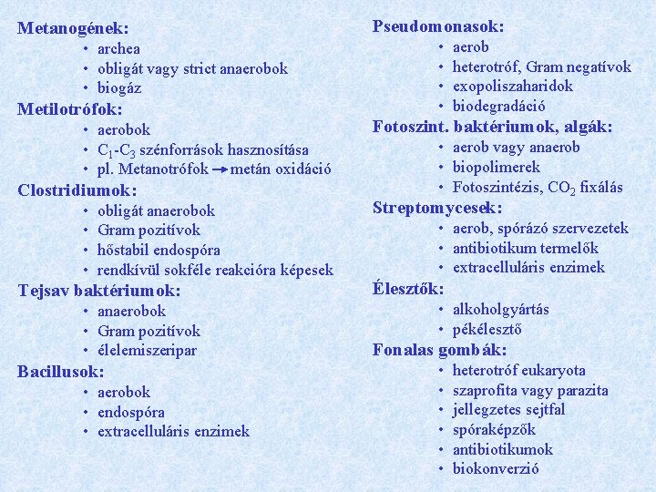 Metanogének: • archea • obligát vagy strict anaerobok • biogáz Metilotrófok: • aerobok •