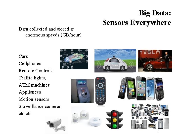 Data collected and stored at enormous speeds (GB/hour) Big Data: Sensors Everywhere Cars Cellphones