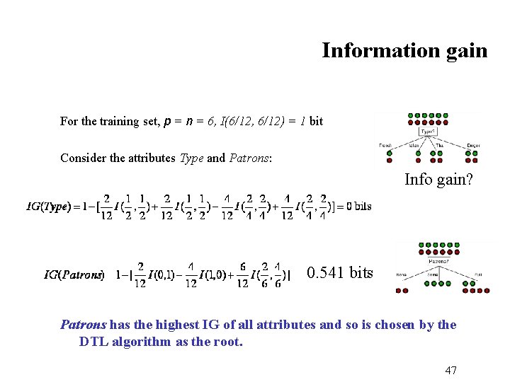 Information gain For the training set, p = n = 6, I(6/12, 6/12) =