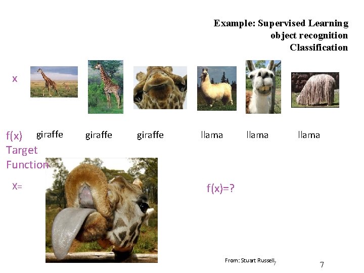 Example: Supervised Learning object recognition Classification x f(x) giraffe Target Function X= giraffe llama