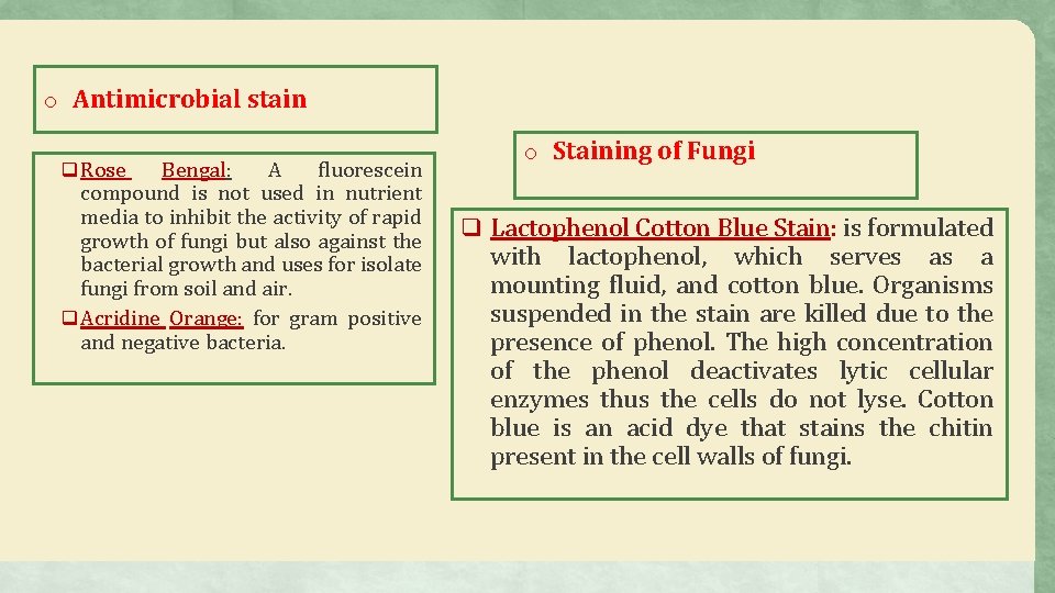 o Antimicrobial stain q Rose Bengal: A fluorescein compound is not used in nutrient