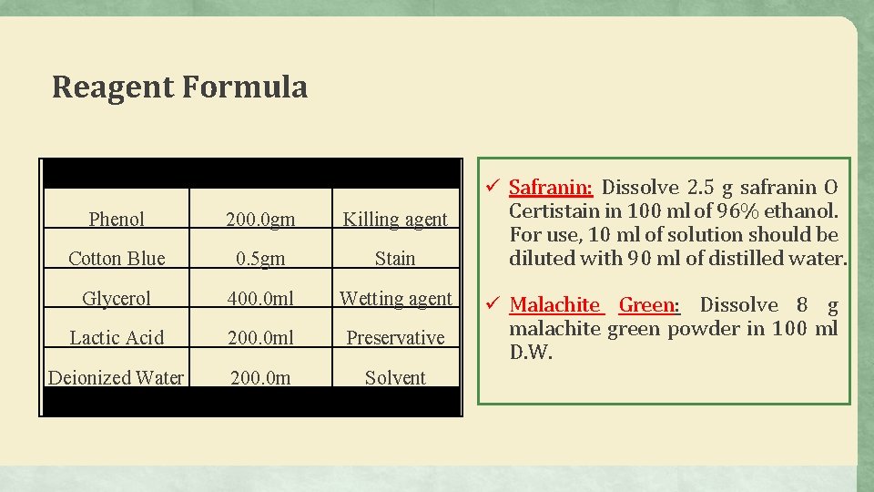 Reagent Formula ü Safranin: Dissolve 2. 5 g safranin O Phenol 200. 0 gm