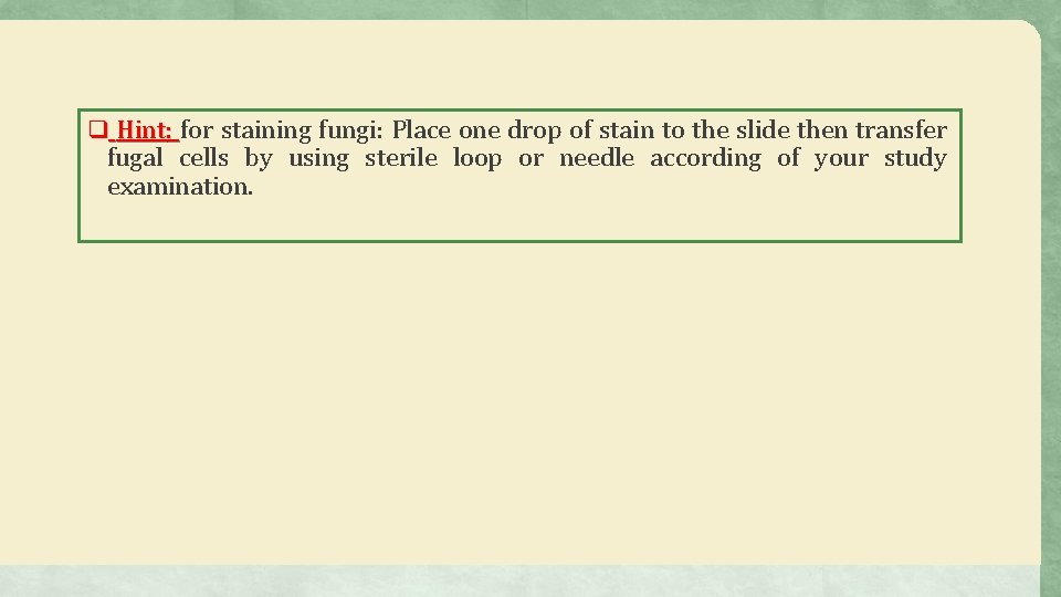 q Hint: for staining fungi: Place one drop of stain to the slide then