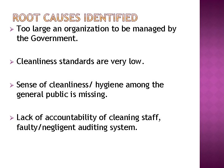 Ø Too large an organization to be managed by the Government. Ø Cleanliness standards