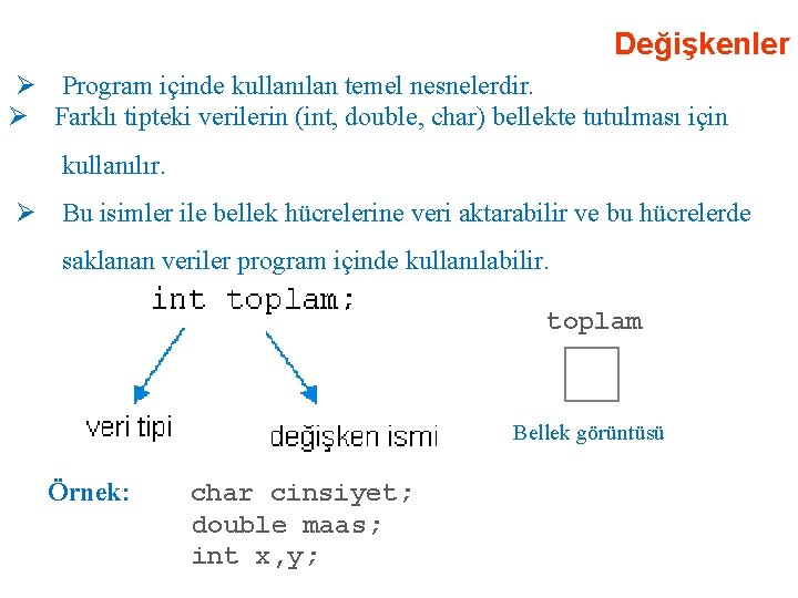 Değişkenler Ø Program içinde kullanılan temel nesnelerdir. Ø Farklı tipteki verilerin (int, double, char)