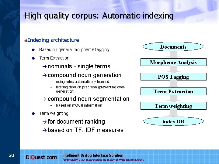 High quality corpus: Automatic indexing Indexing architecture u Based on general morpheme tagging u