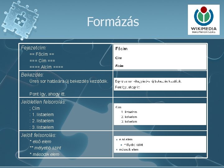 Formázás Fejezetcím: == Főcím == === Cím ==== Alcím ==== Bekezdés: Üres sor hatására