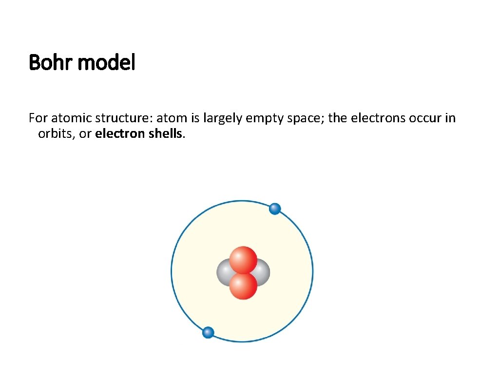 Bohr model For atomic structure: atom is largely empty space; the electrons occur in