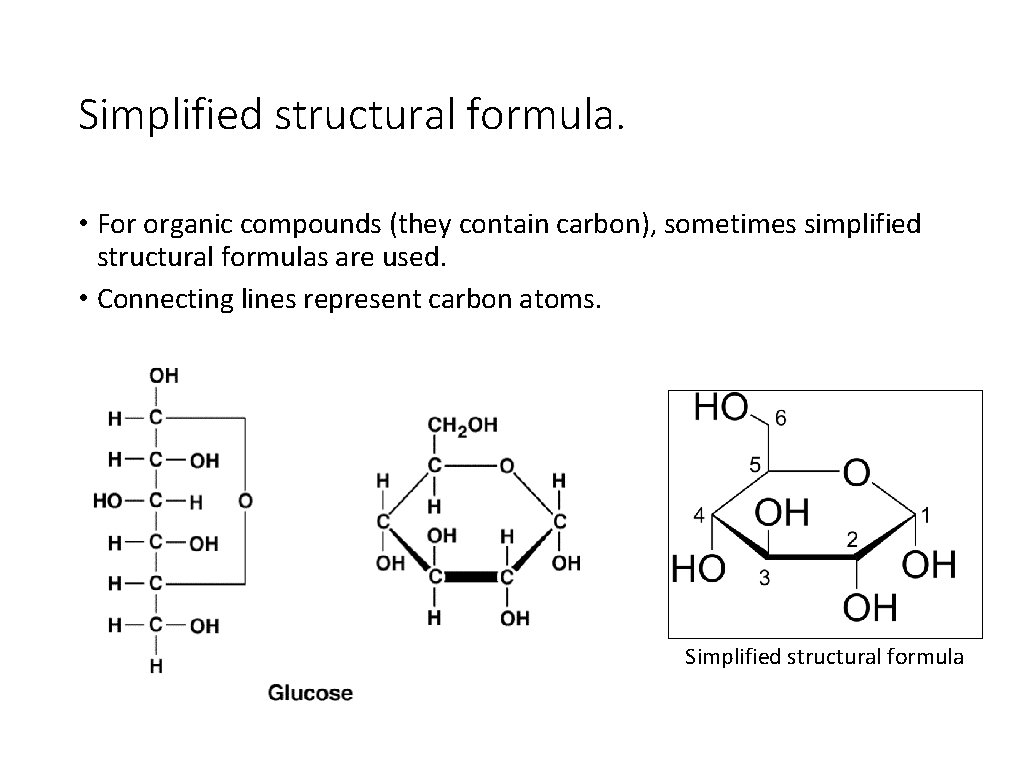 Simplified structural formula. • For organic compounds (they contain carbon), sometimes simplified structural formulas