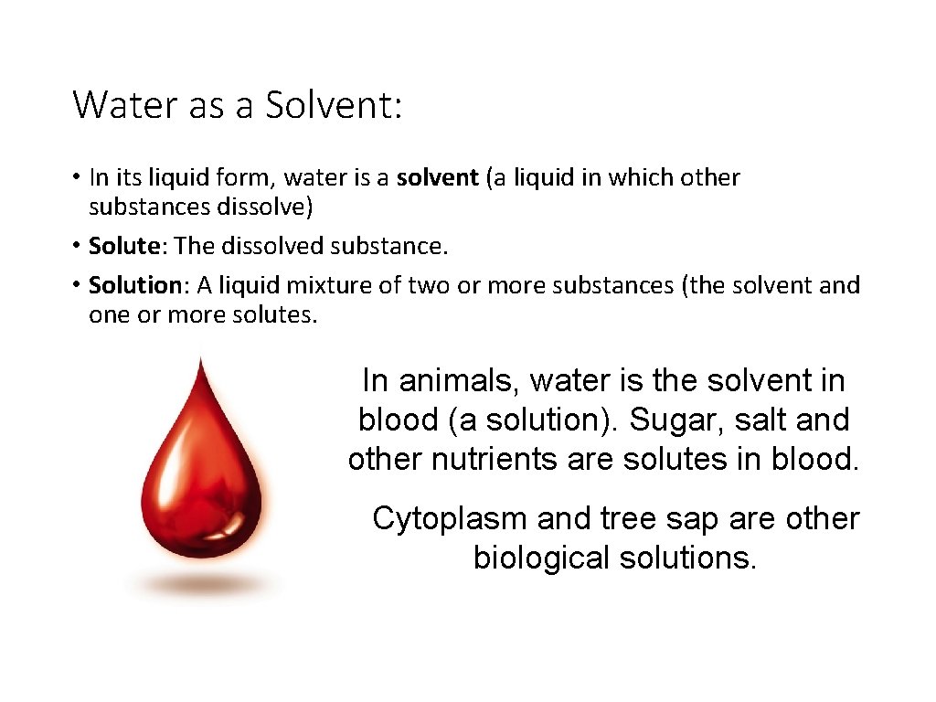 Water as a Solvent: • In its liquid form, water is a solvent (a