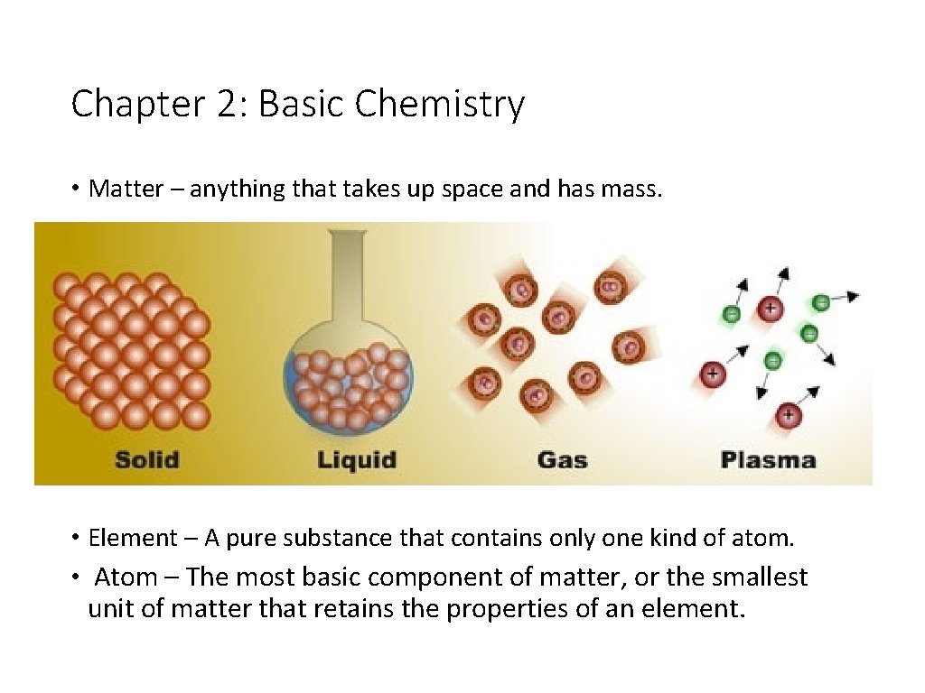 Chapter 2: Basic Chemistry • Matter – anything that takes up space and has