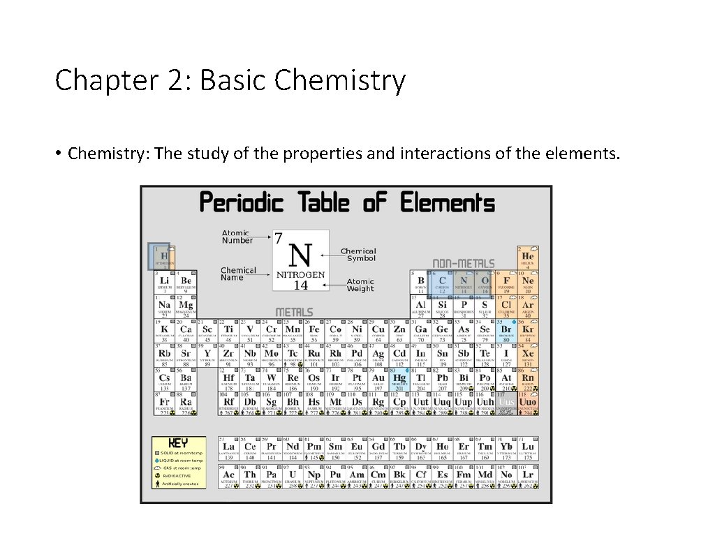 Chapter 2: Basic Chemistry • Chemistry: The study of the properties and interactions of