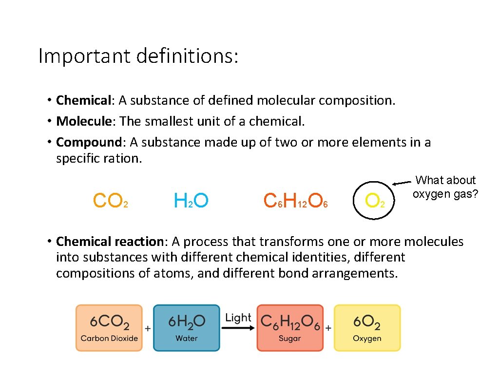Important definitions: • Chemical: A substance of defined molecular composition. • Molecule: The smallest