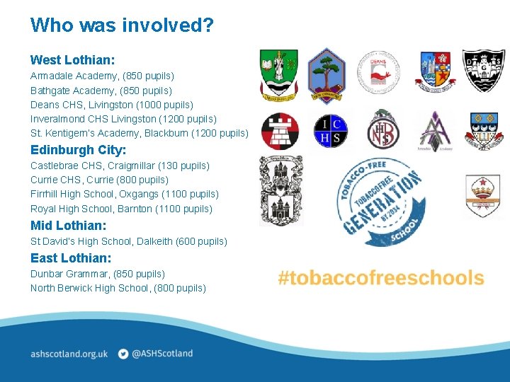 Who was involved? West Lothian: Armadale Academy, (850 pupils) Bathgate Academy, (850 pupils) Deans