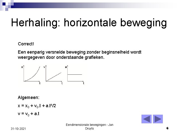 Herhaling: horizontale beweging Correct! Een eenparig versnelde beweging zonder beginsnelheid wordt weergegeven door onderstaande