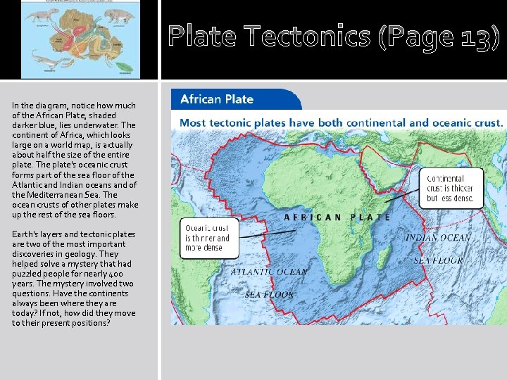 Plate Tectonics (Page 13) In the diagram, notice how much of the African Plate,