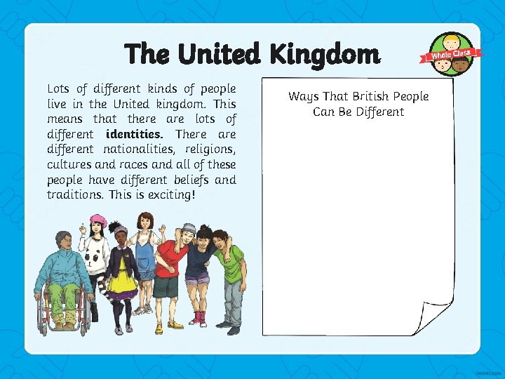 The United Kingdom Lots of different kinds of people live in the United kingdom.