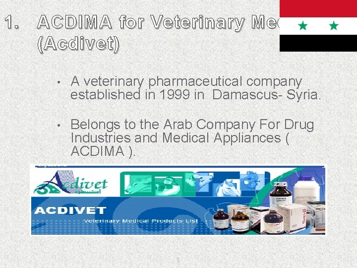 1. ACDIMA for Veterinary Medicines (Acdivet ) • A veterinary pharmaceutical company established in 1. ACDIMA for Veterinary Medicines (Acdivet ) • A veterinary pharmaceutical company established in