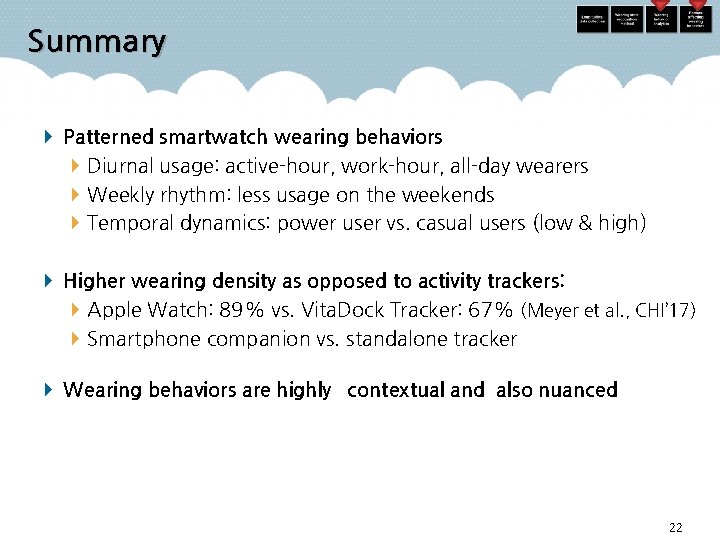 Summary Patterned smartwatch wearing behaviors Diurnal usage: active-hour, work-hour, all-day wearers Weekly rhythm: less