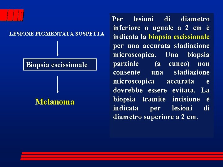 LESIONE PIGMENTATA SOSPETTA Biopsia escissionale Melanoma Per lesioni di diametro inferiore o uguale a