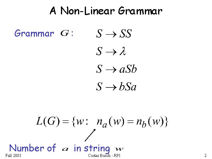A Non-Linear Grammar Number of Fall 2003 : in string Costas Busch - RPI