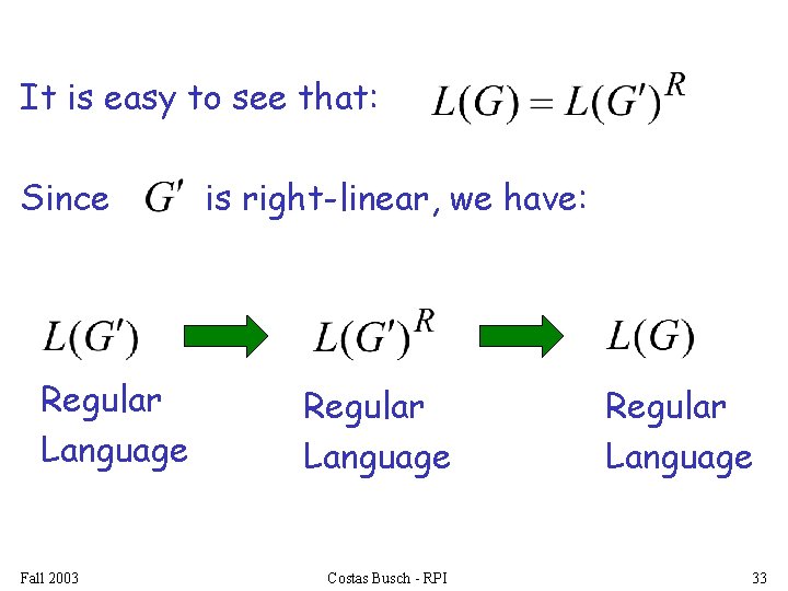 It is easy to see that: Since Regular Language Fall 2003 is right-linear, we