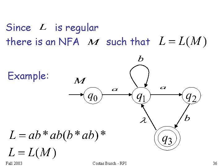 Since is regular there is an NFA such that Example: Fall 2003 Costas Busch