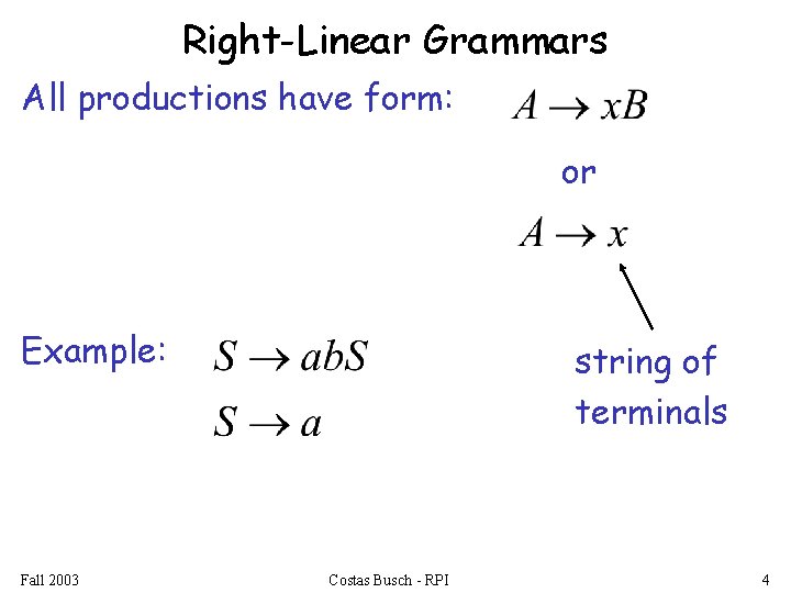 Right-Linear Grammars All productions have form: or Example: Fall 2003 string of terminals Costas