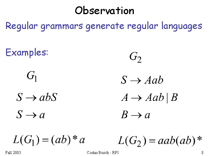 Observation Regular grammars generate regular languages Examples: Fall 2003 Costas Busch - RPI 8