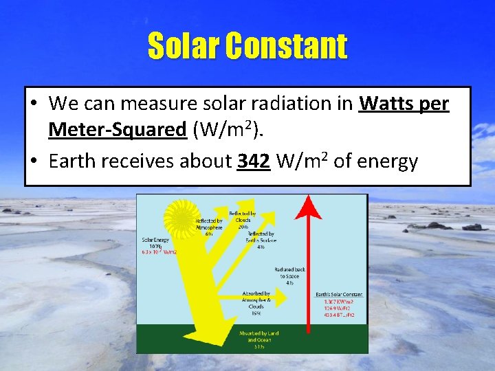 Solar Constant • We can measure solar radiation in Watts per Meter-Squared (W/m 2).