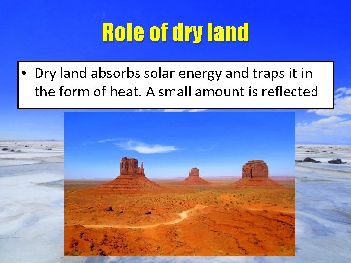 Role of dry land • Dry land absorbs solar energy and traps it in
