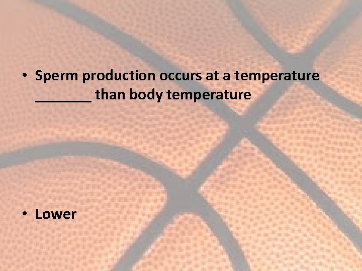  • Sperm production occurs at a temperature _______ than body temperature • Lower