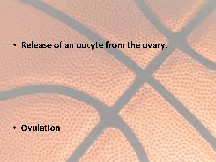  • Release of an oocyte from the ovary. • Ovulation 